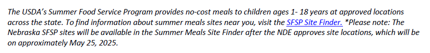 For more info on Summer Food Service Program near you call office at 402-698-2377