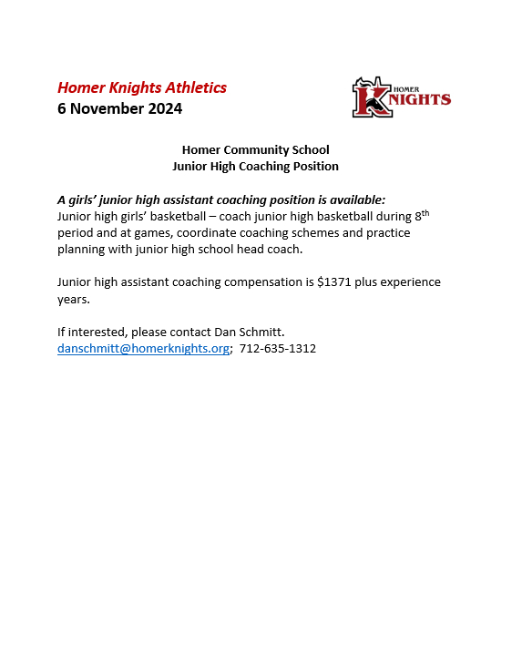 JH GBB Assistant Coaching Position available. Contact Dan Schmitt for more details 712-635-1312