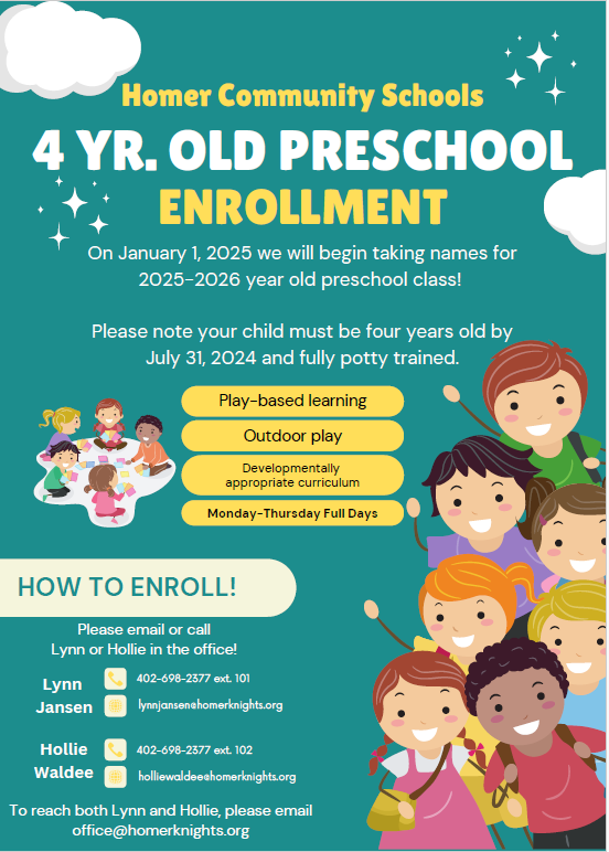 Four Year Old Preschool Info, for info please contact main office at 402-698-2377