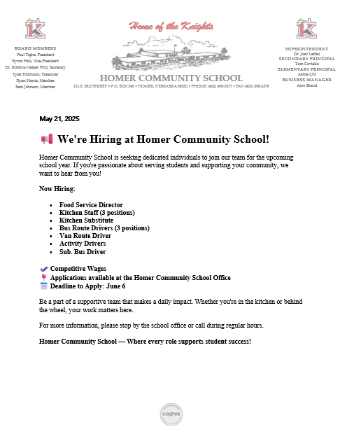Job Openings at Homer School. Contact the office at 402-698-2377.