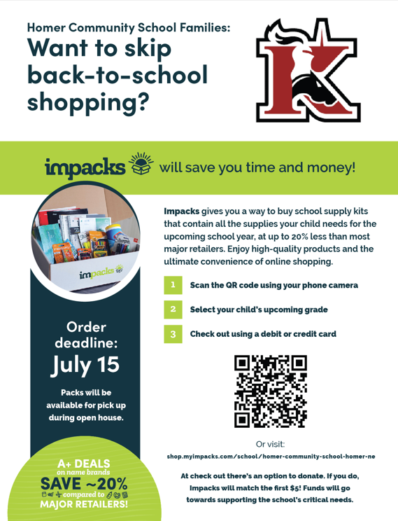 Skip back to school shopping with impacks. Call the school office for more info. 402-698-2377
